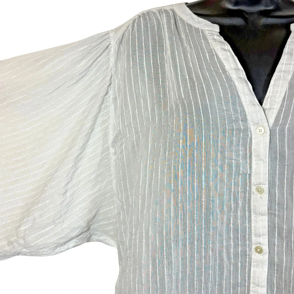 LOFT White Stripe Blouse Semi-Sheer Button Top V-Neck Long Puff Sleeve Small
